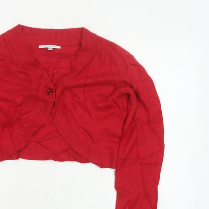 L.K. Bennett Women Red M V-Neck Beaded Button Knit Cardigan