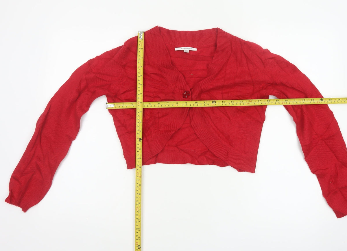 L.K. Bennett Women Red M V-Neck Beaded Button Knit Cardigan