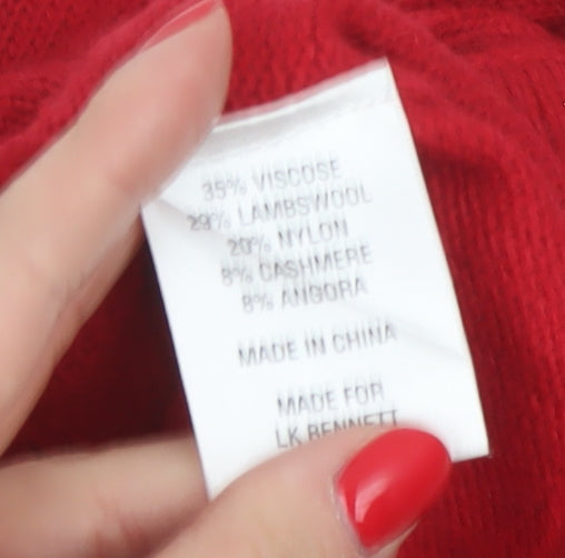 L.K. Bennett Women Red M V-Neck Beaded Button Knit Cardigan