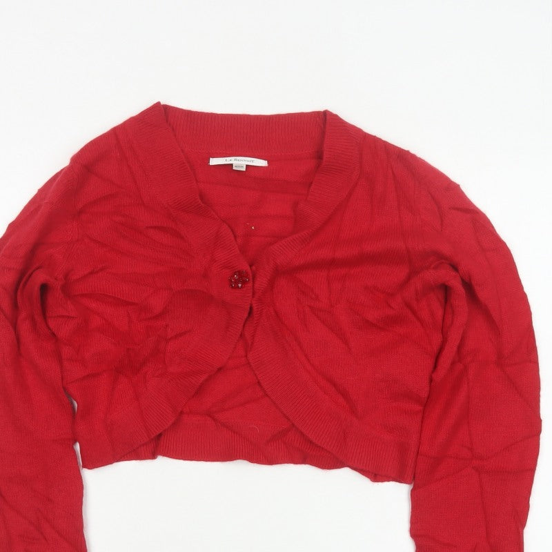 L.K. Bennett Women Red M V-Neck Beaded Button Knit Cardigan