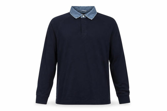 Front view of Marks & Spencer Men’s Navy M Long Sleeve Cotton Polo Denim Collar