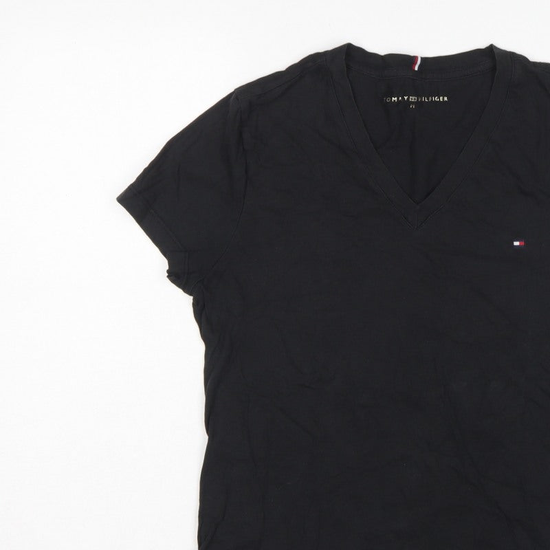 Tommy Hilfiger Women Black M Slim V-Neck Cotton Basic T-Shirt
