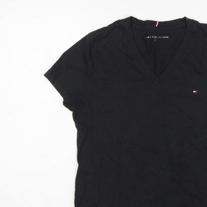 Tommy Hilfiger Women Black M Slim V-Neck Cotton Basic T-Shirt