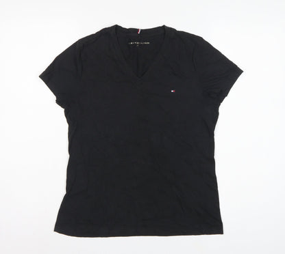 Tommy Hilfiger Women Black M Slim V-Neck Cotton Basic T-Shirt