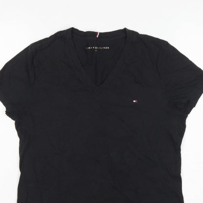 Tommy Hilfiger Women Black M Slim V-Neck Cotton Basic T-Shirt