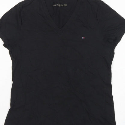 Tommy Hilfiger Women Black M Slim V-Neck Cotton Basic T-Shirt