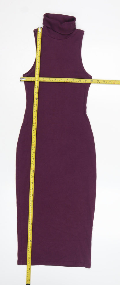 Zara Women Purple S Bodycon Midi Roll Neck Sleeveless Ribbed Dress