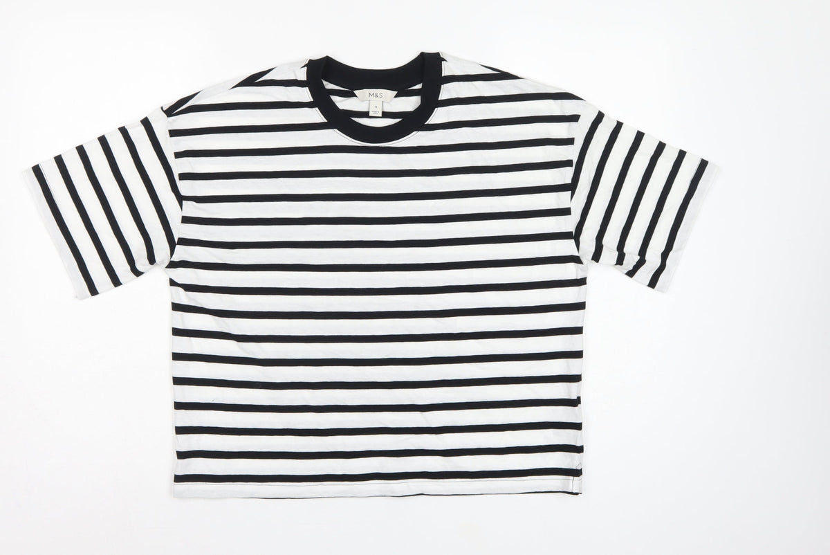 Marks and Spencer Women White Black Stripe Cotton T-Shirt UK 12 Basic