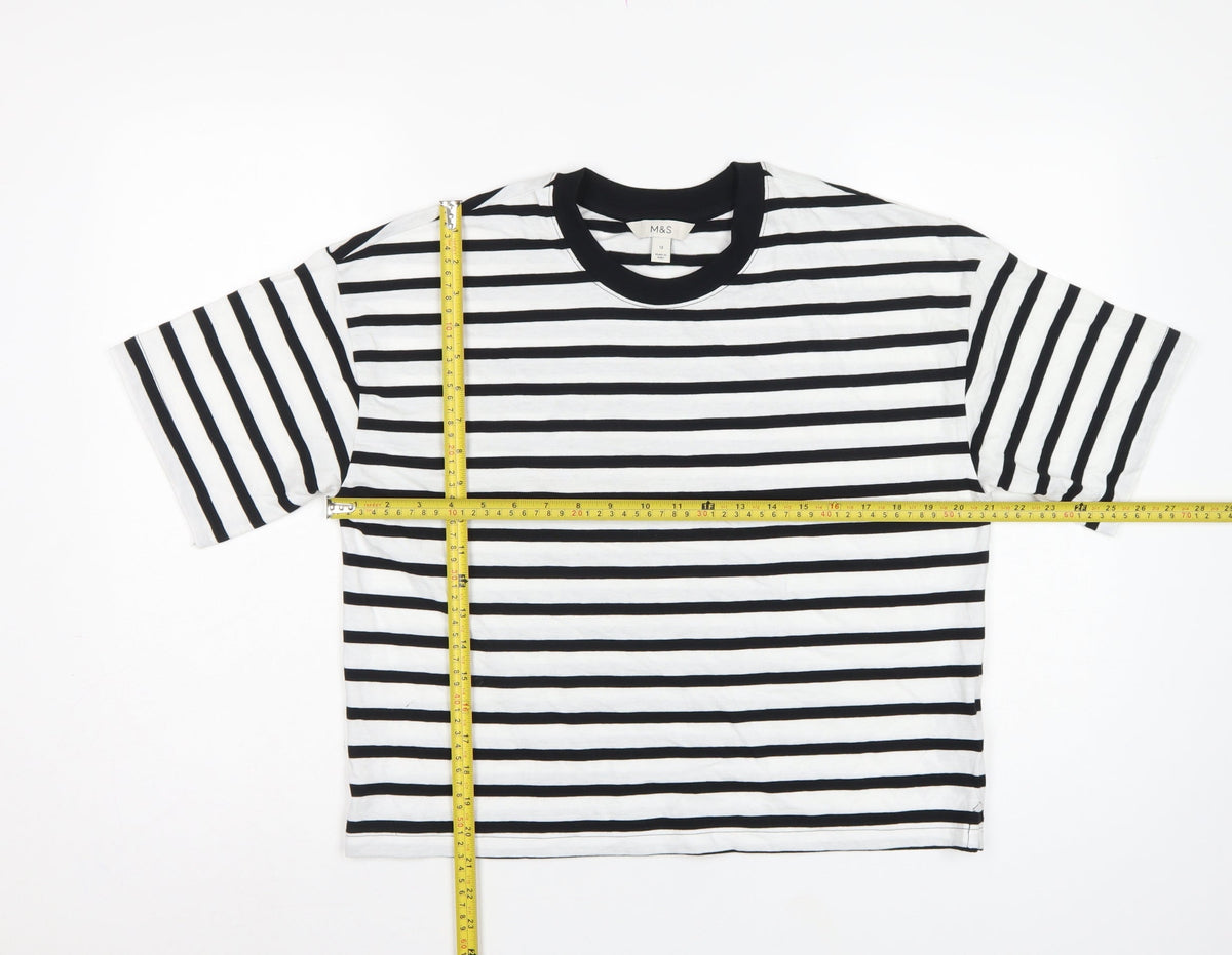 Marks and Spencer Women White Black Stripe Cotton T-Shirt UK 12 Basic