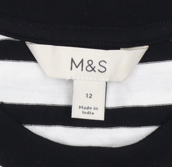 Marks and Spencer Women White Black Stripe Cotton T-Shirt UK 12 Basic