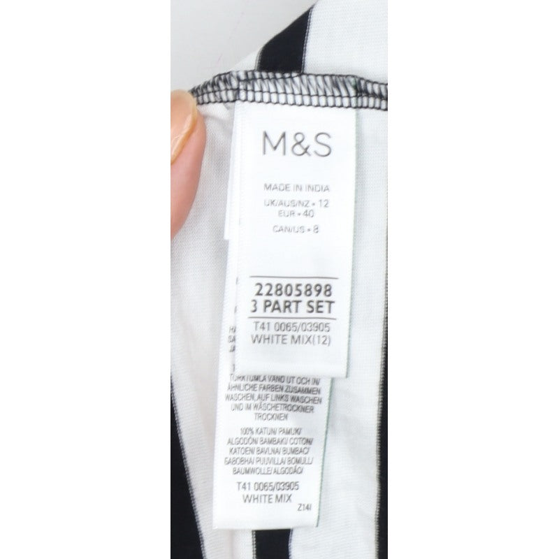 Marks and Spencer Women White Black Stripe Cotton T-Shirt UK 12 Basic