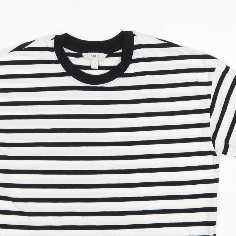 Marks and Spencer Women White Black Stripe Cotton T-Shirt UK 12 Basic