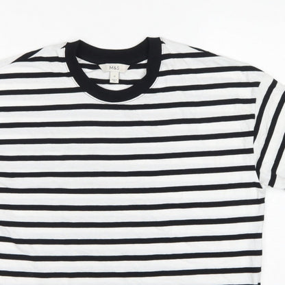 Marks and Spencer Women White Black Stripe Cotton T-Shirt UK 12 Basic