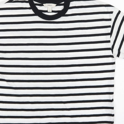 Marks and Spencer Women White Black Stripe Cotton T-Shirt UK 12 Basic