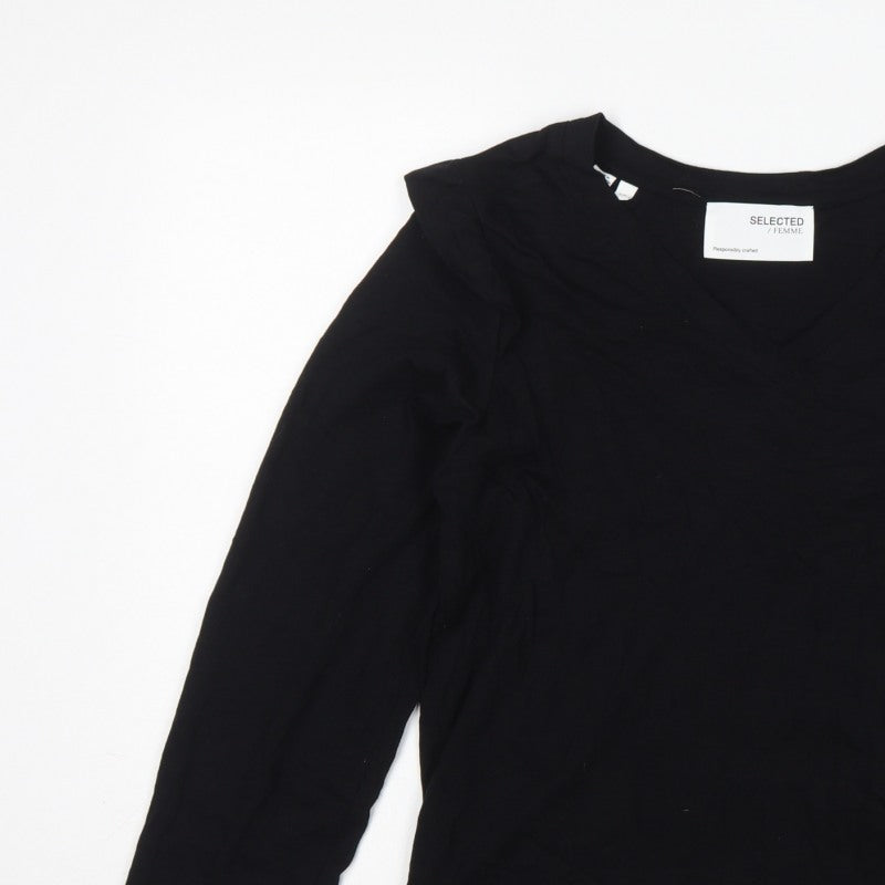 Selected Femme Women Black S Ruffle V-Neck Long Sleeve Cotton Blouse
