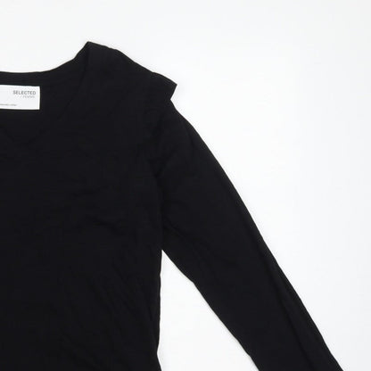 Selected Femme Women Black S Ruffle V-Neck Long Sleeve Cotton Blouse