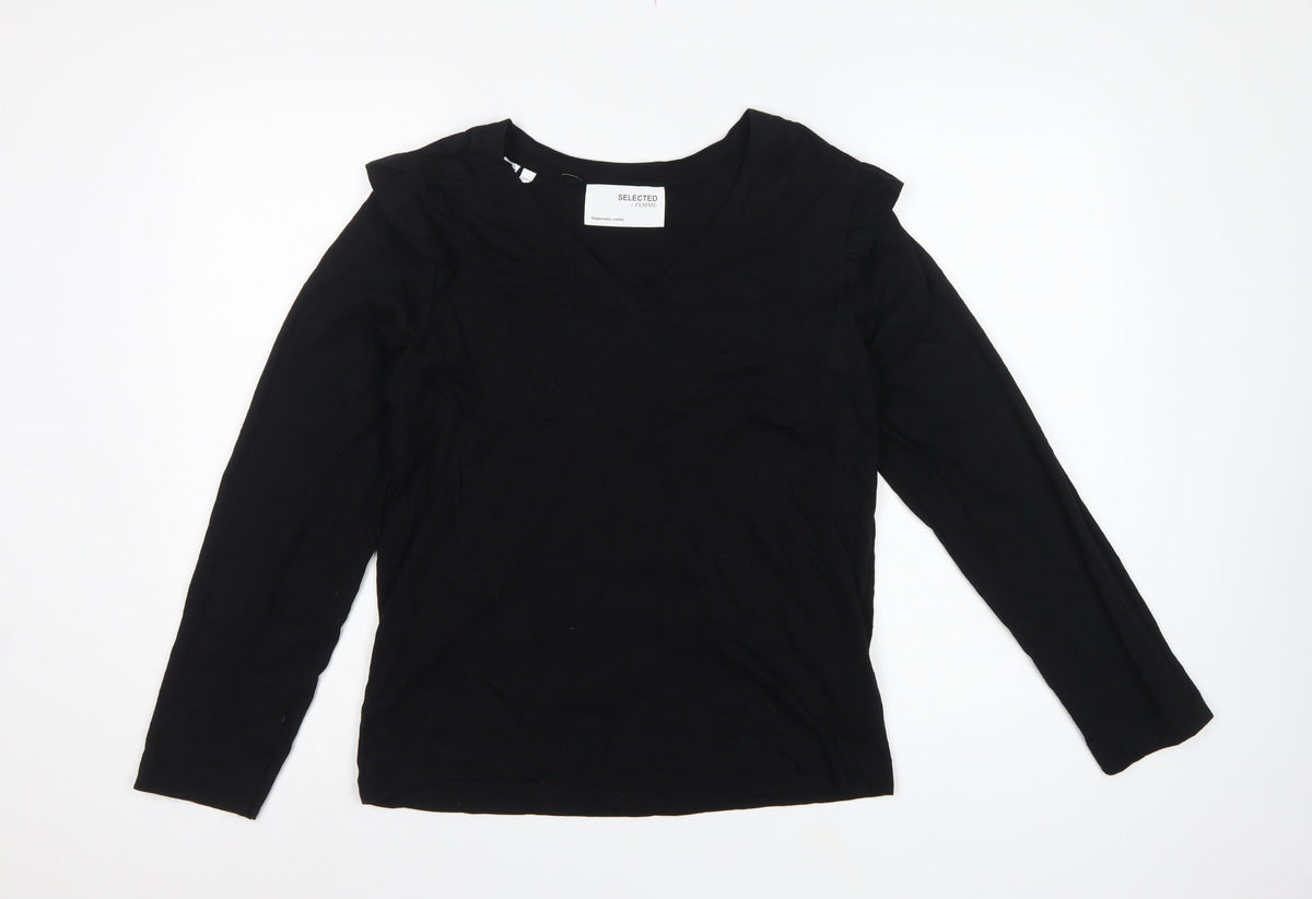 Selected Femme Women Black S Ruffle V-Neck Long Sleeve Cotton Blouse