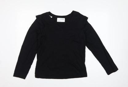 Selected Femme Women Black S Ruffle V-Neck Long Sleeve Cotton Blouse
