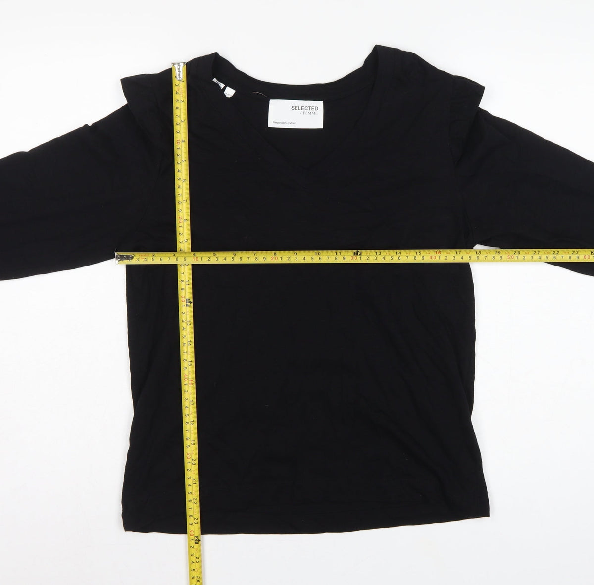 Selected Femme Women Black S Ruffle V-Neck Long Sleeve Cotton Blouse