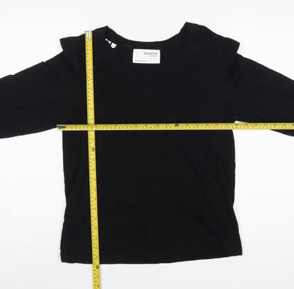 Selected Femme Women Black S Ruffle V-Neck Long Sleeve Cotton Blouse