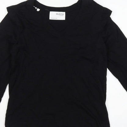 Selected Femme Women Black S Ruffle V-Neck Long Sleeve Cotton Blouse