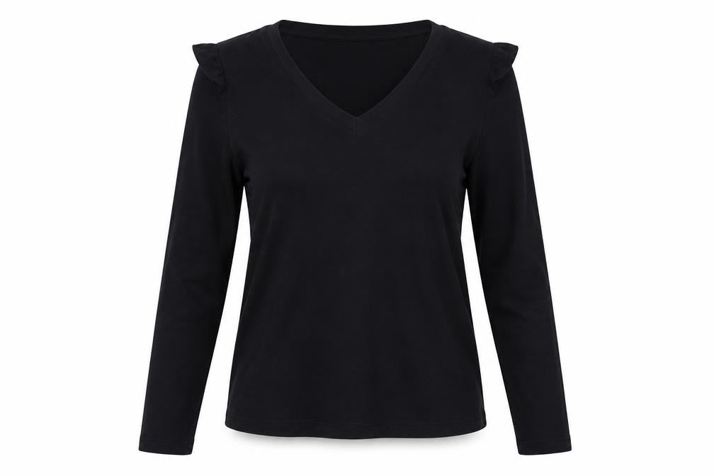 Selected Femme Women Black S Ruffle V-Neck Long Sleeve Cotton Blouse