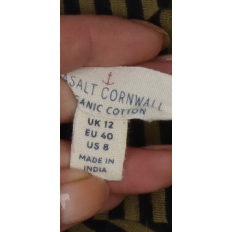 Seasalt Cornwall Women's Green Black Stripe UK 12 Jersey Roll Neck Top