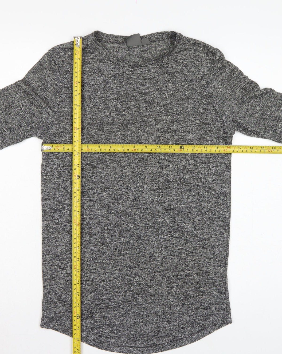 Close-up detail of ASOS Men Grey Marl Slim Long Sleeve Crew Neck Curved Hem T-Shirt M