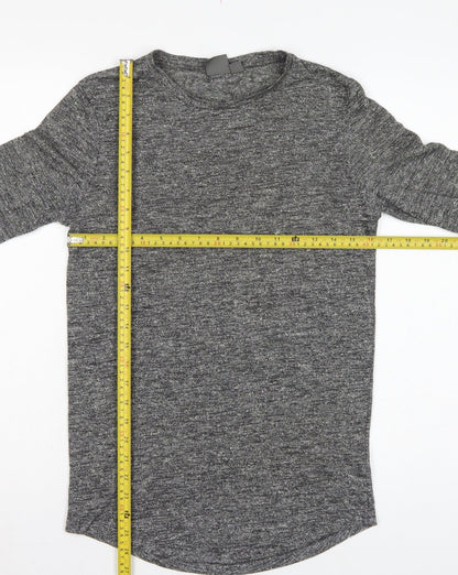 Close-up detail of ASOS Men Grey Marl Slim Long Sleeve Crew Neck Curved Hem T-Shirt M