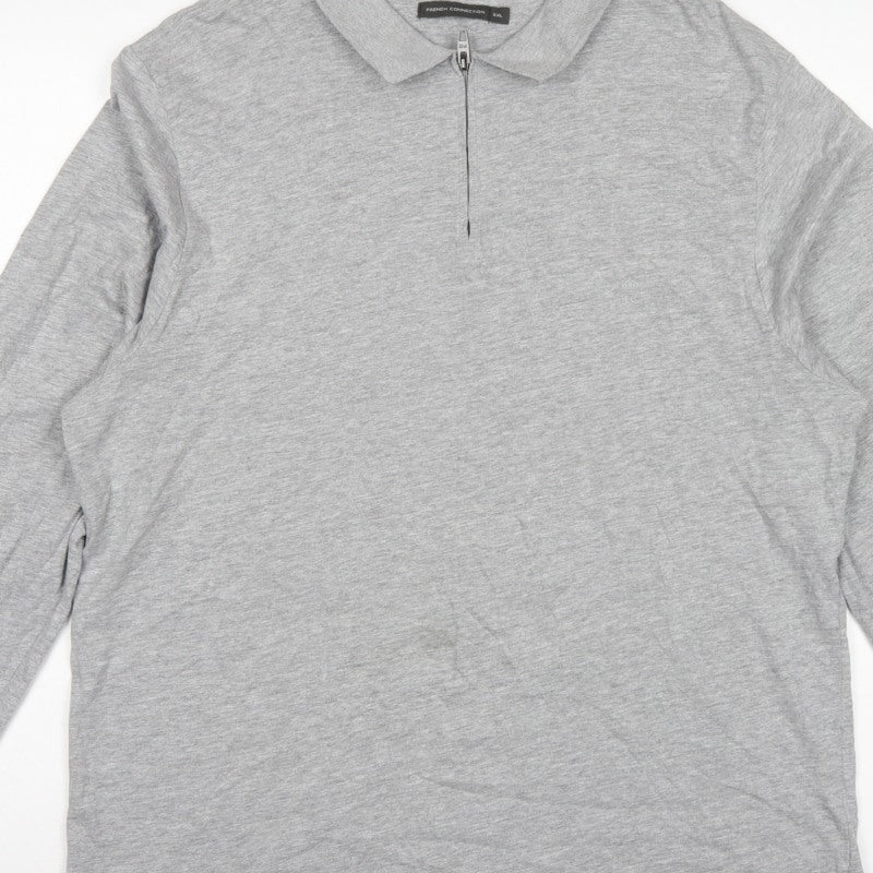 French Connection Men Grey 2XL Long Sleeve 1/4 Zip Polo Shirt