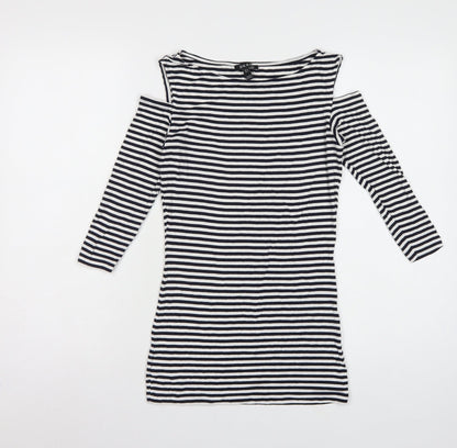 Baukjen Women Blue White Striped UK 8 Basic Boat Neck 3/4 Sleeve Jersey Top