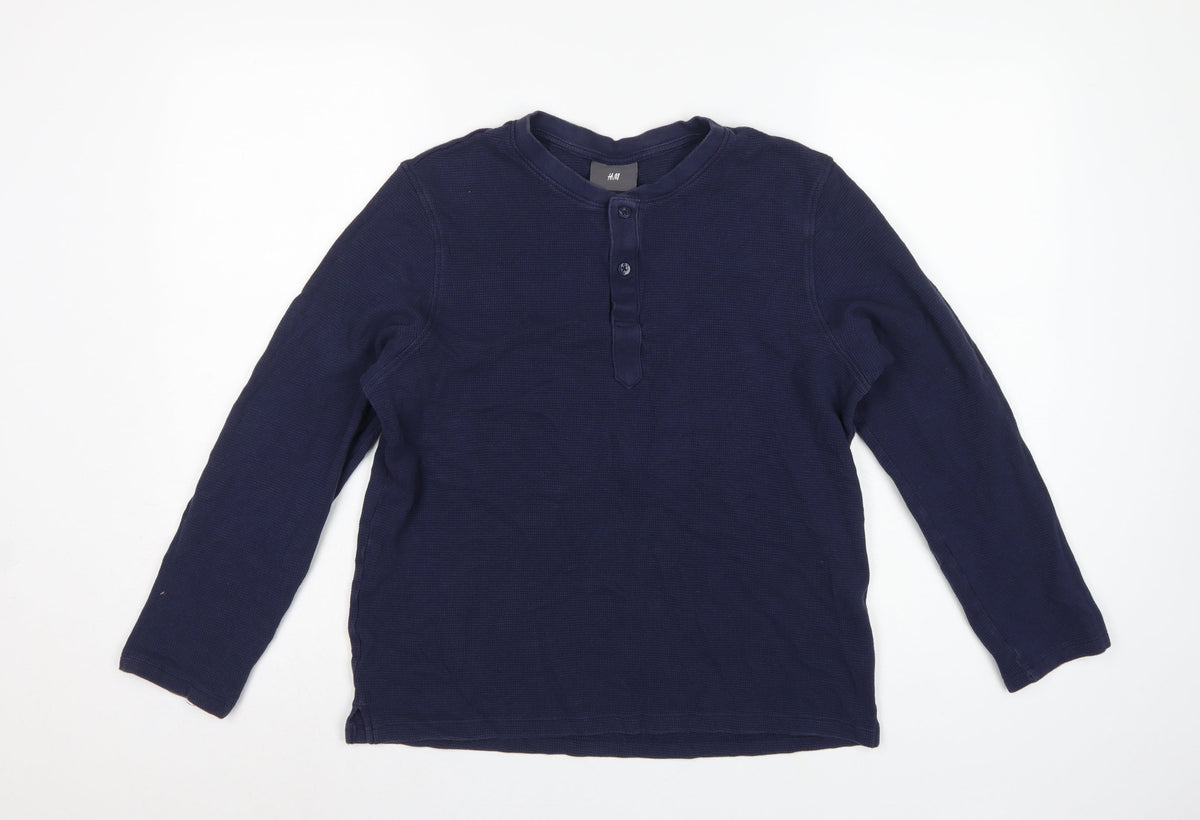 H&M Men's Blue M Long Sleeve Waffle Knit Henley Cotton T-Shirt