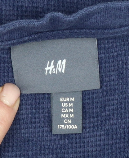 H&M Men's Blue M Long Sleeve Waffle Knit Henley Cotton T-Shirt