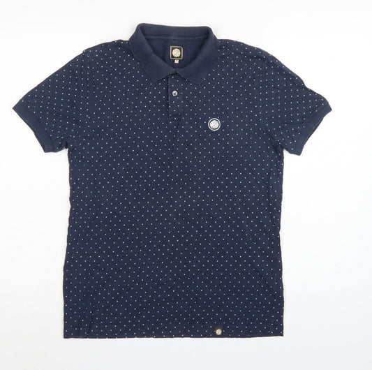 Back view of Pretty Green Men’s Blue Polka Dot Logo Short Sleeve Polo Shirt S