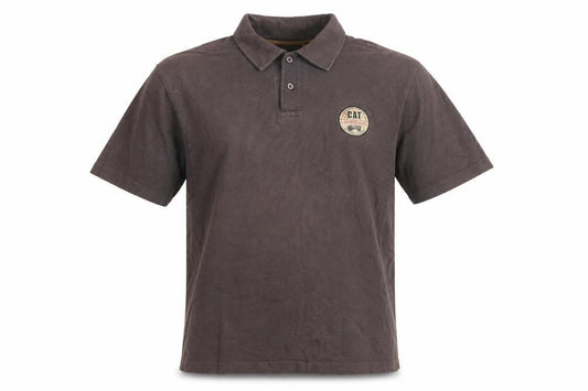 Front view of CAT men’s brown l premium workwear logo short sleeve polo shirt