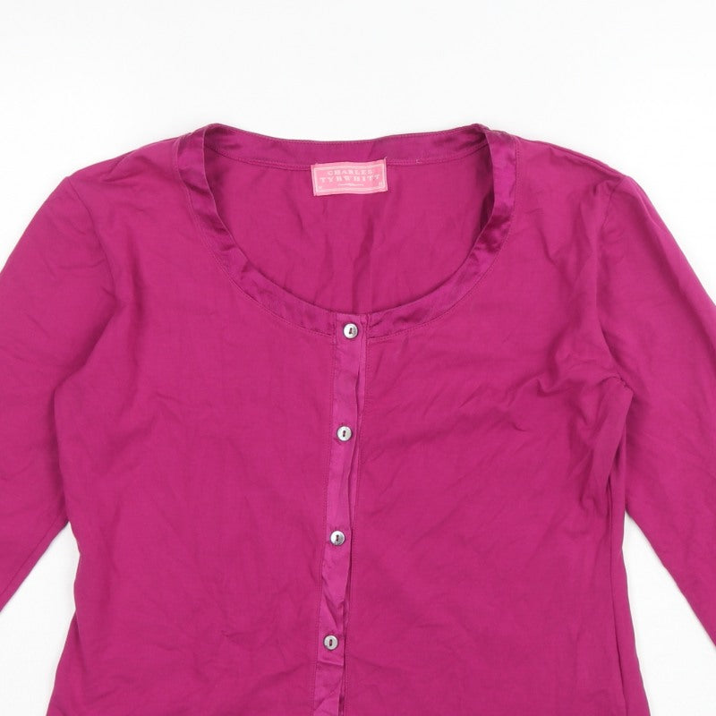 Charles Tyrwhitt Women’s Pink M Cotton Stretch Button-Up Scoop Neck Top
