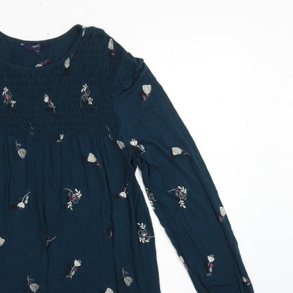 Next Women Blue UK 16 Floral Smocked Long Sleeve Blouse