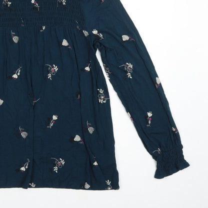 Next Women Blue UK 16 Floral Smocked Long Sleeve Blouse