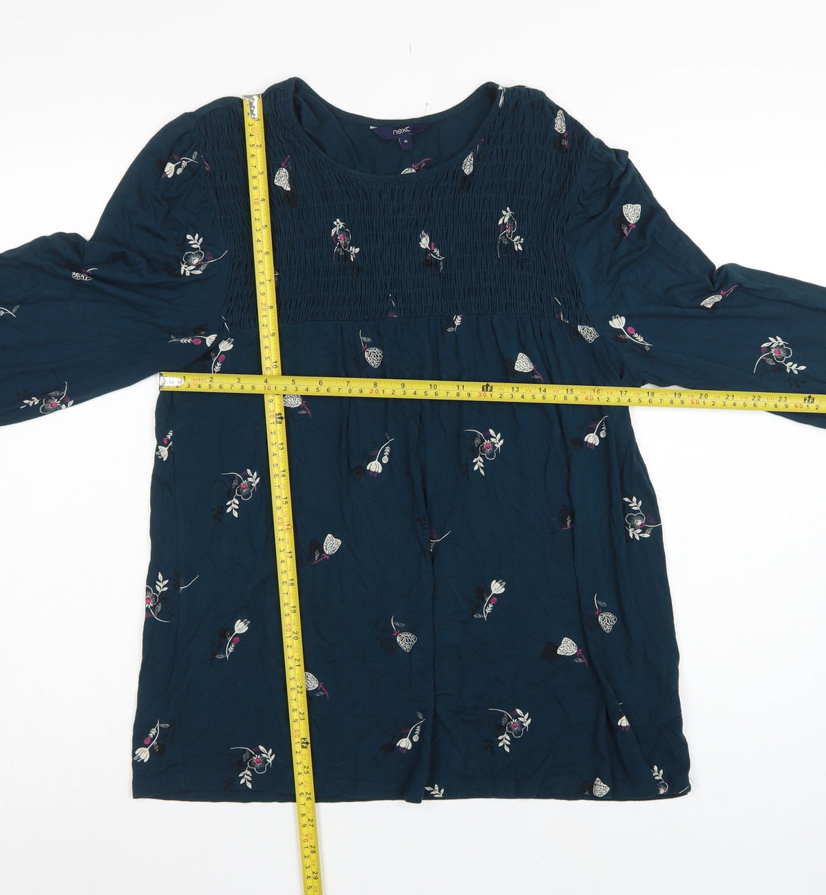 Next Women Blue UK 16 Floral Smocked Long Sleeve Blouse