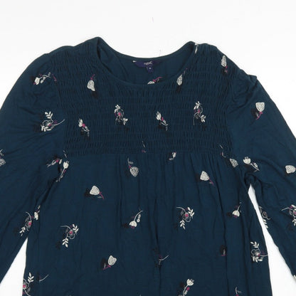 Next Women Blue UK 16 Floral Smocked Long Sleeve Blouse