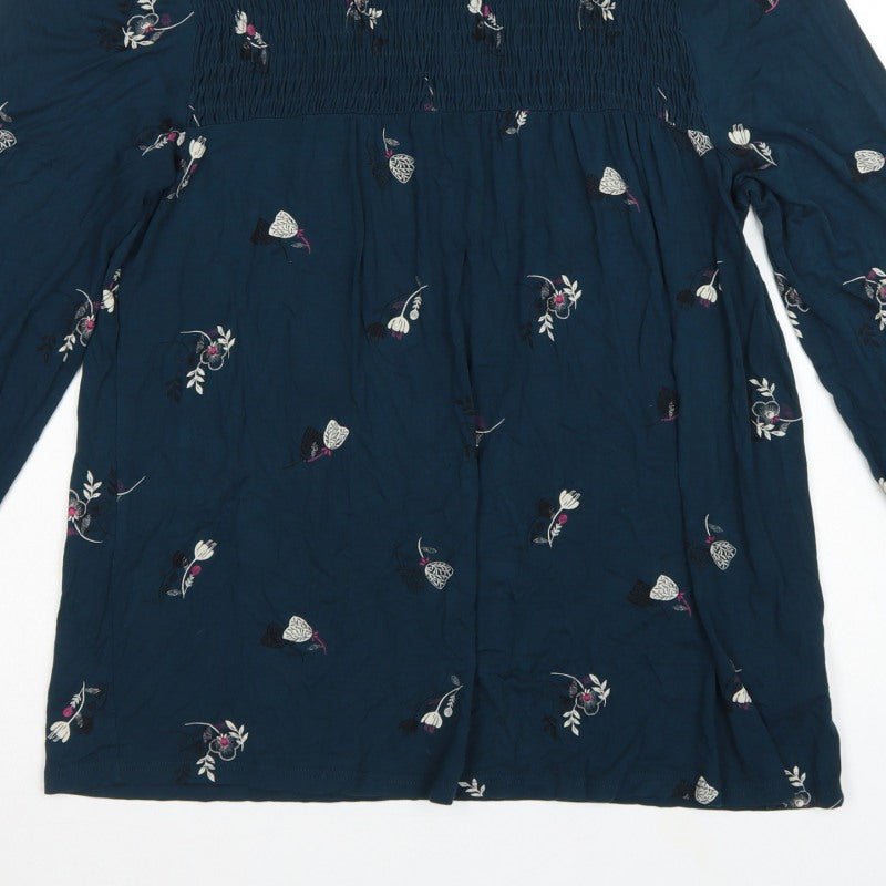 Next Women Blue UK 16 Floral Smocked Long Sleeve Blouse