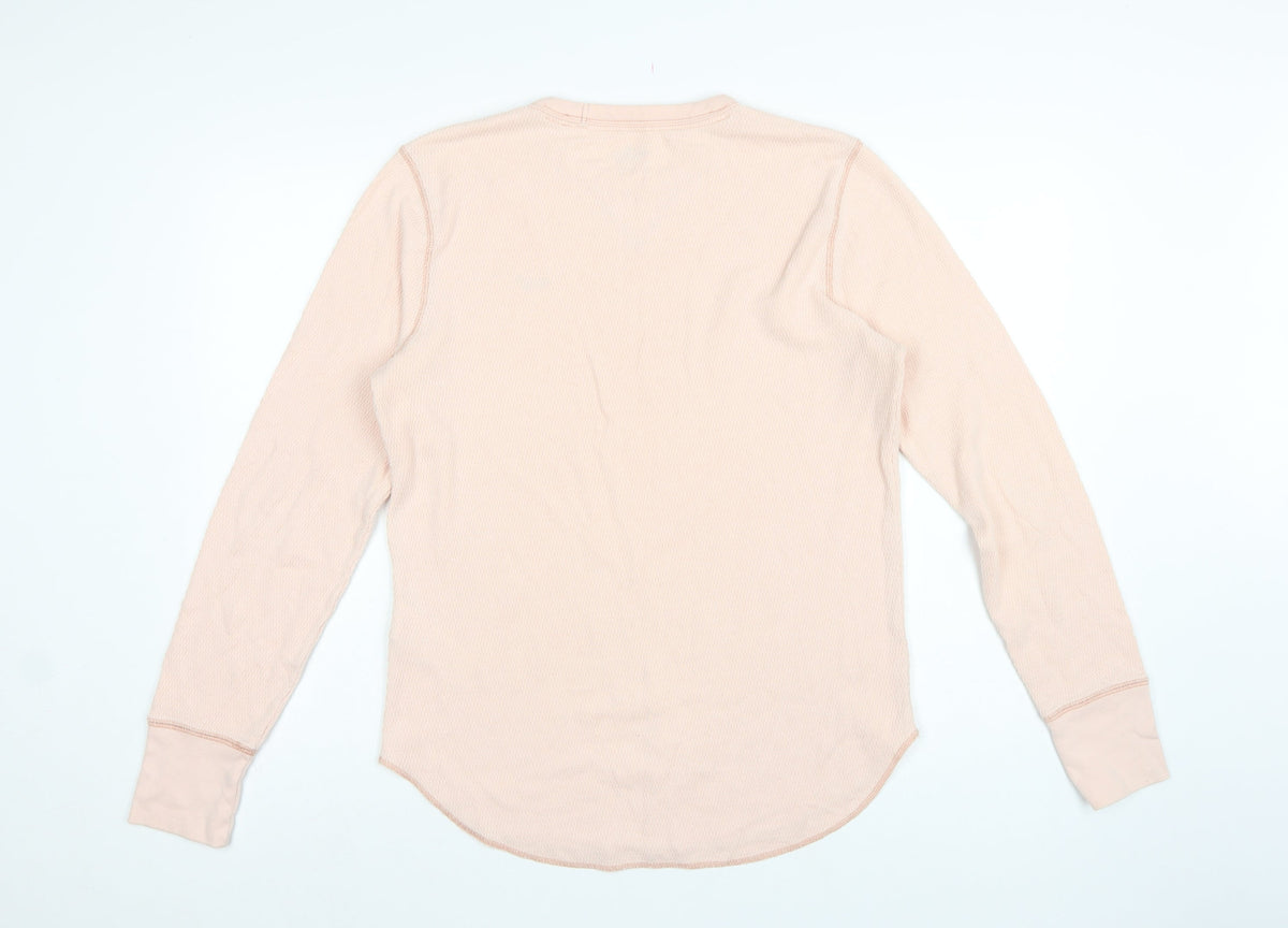 Hollister Men's Pink M Waffle Knit Long Sleeve Crew Neck Logo T-Shirt