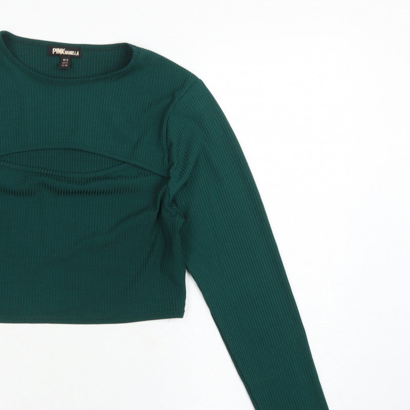 Pink Vanilla Women Green UK 14 Cropped Rib Knit Long Sleeve T-Shirt