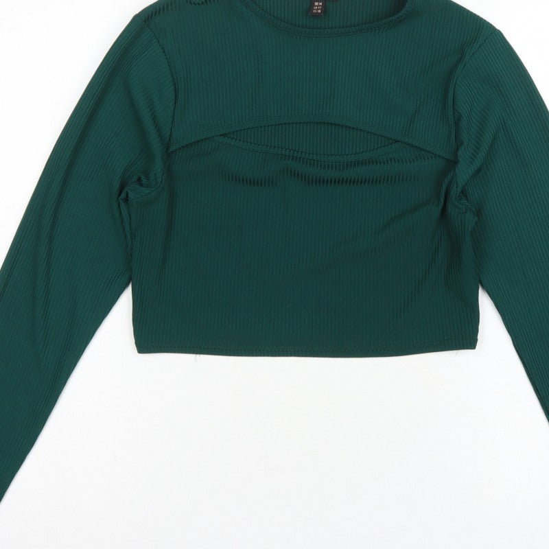 Pink Vanilla Women Green UK 14 Cropped Rib Knit Long Sleeve T-Shirt