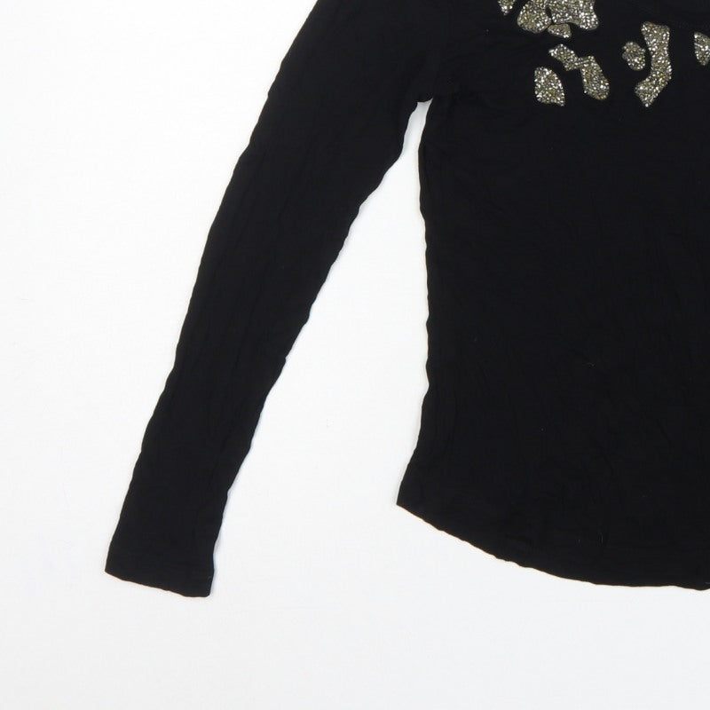Zara Women Black S Rhinestone Leopard Scoop Neck Long Sleeve T-Shirt