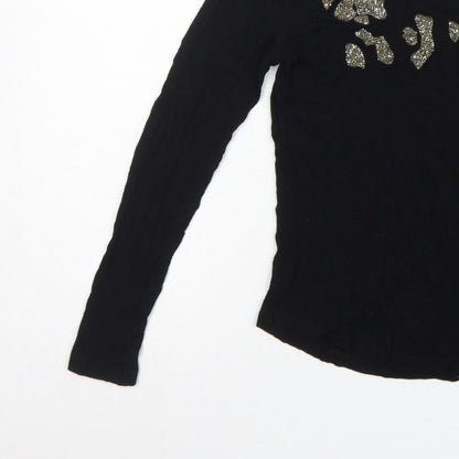 Zara Women Black S Rhinestone Leopard Scoop Neck Long Sleeve T-Shirt