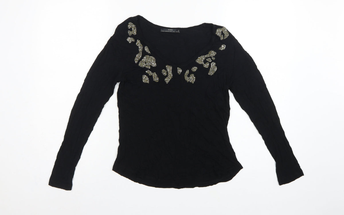 Zara Women Black S Rhinestone Leopard Scoop Neck Long Sleeve T-Shirt
