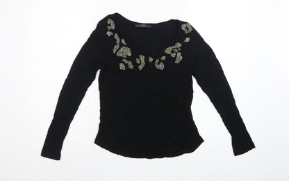 Zara Women Black S Rhinestone Leopard Scoop Neck Long Sleeve T-Shirt