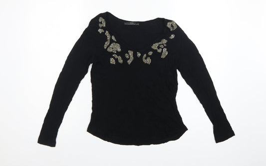 Zara Women Black S Rhinestone Leopard Scoop Neck Long Sleeve T-Shirt