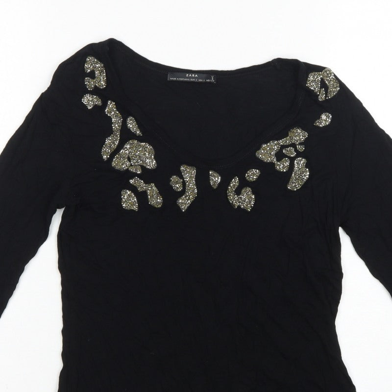 Zara Women Black S Rhinestone Leopard Scoop Neck Long Sleeve T-Shirt